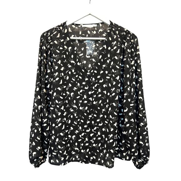 LUSH Top Women's Large V-Neck Button Down Modern Print Black Ivory NEW - Picture 1 of 13